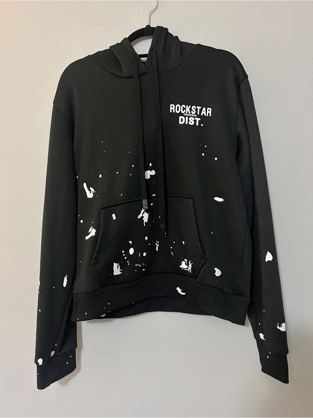 Black Streetwear Grunge Cozy Hoodie with White Paint Splatter